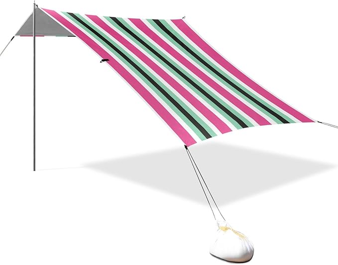 Beach Canopy with Windproof Ropes &amp Sandbags Beach Tent Sun Shade Sun Shelter for Camping Trips Fishing Backyard Fun or Picnics Stripes