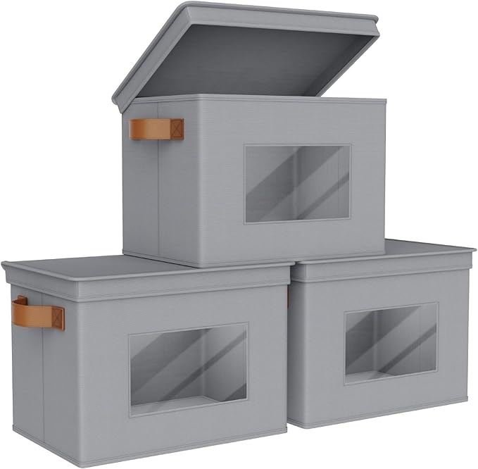 Univivi Storage Bins with Lids Collapsible Foldable Closet Storage Boxes for Clothes [3-Pack] Containers boxes with Handles Closet Storage for Home Office Bedroom (Grey17 x 12x 12)