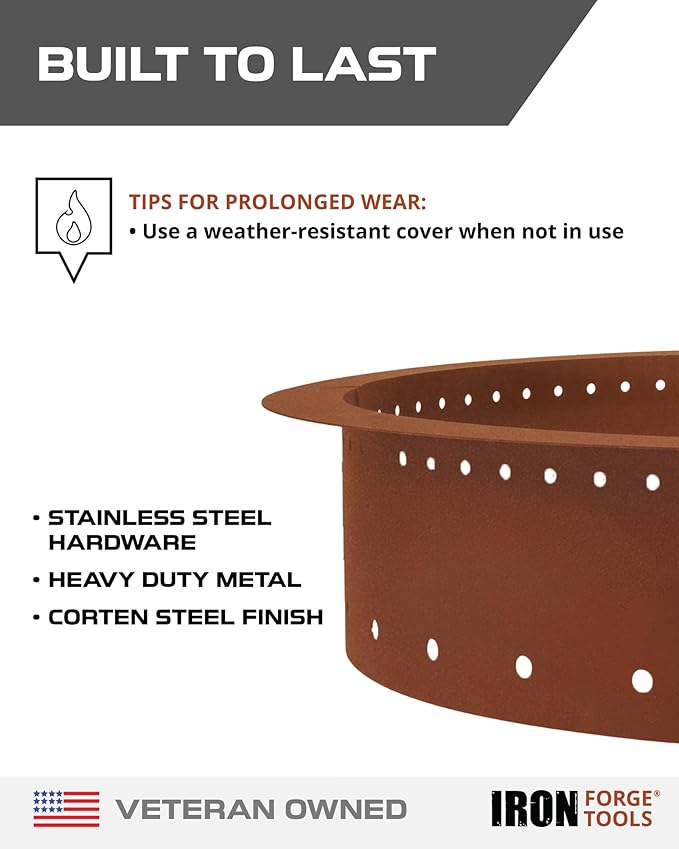 Heavy Duty Metal Smokeless Permanent Fire Pit Ring 48 inch Outer/42 inch Round Fire Pit Insert Liner for Outdoor Firepits for Outside Corten Steel (48x42x10) Patent Pending