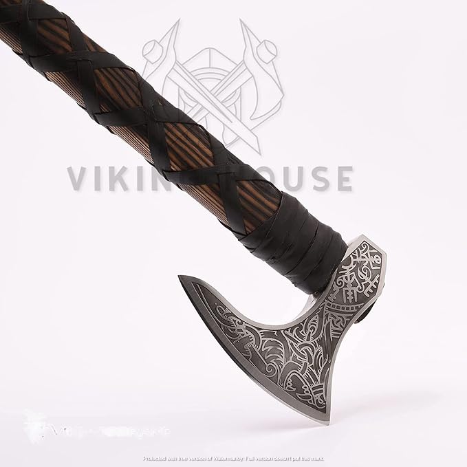 | Viking Axe | Wolf &amp Vegvisir Carbon Steel Axe Head | Wolf Camp Axe | Genuine Leather Sheath &amp Wrap | Bearded Axe | Ragnar Lothbrok Axe...