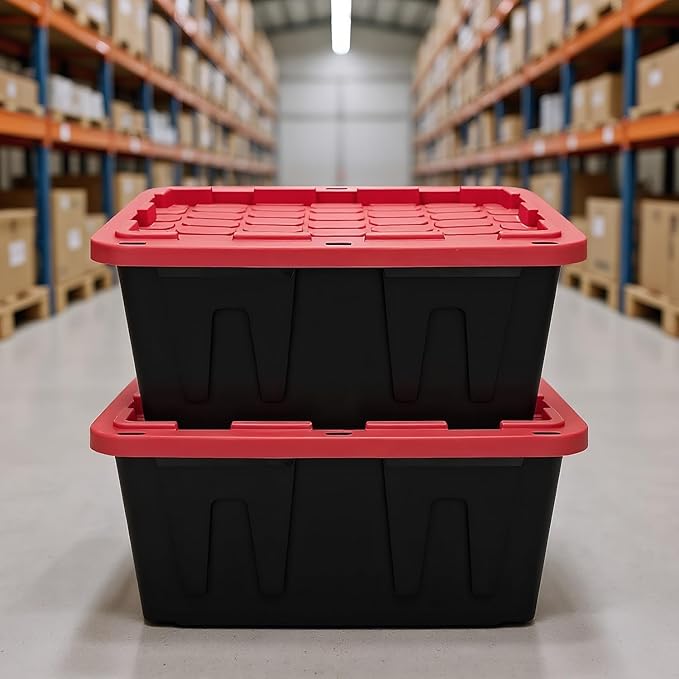 27 Gallon Heavy-Duty Storage Totes with Secure Snap Lids 4-Pack Stackable Plastic Bins for Garage Basement Attic Organization - Black Base &amp Red Lid Lockable Design for Indoor/Outdoor Use (4 P
