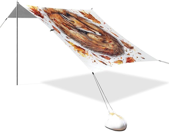 ALAZA Fox Maple Leaves Watercolor Beach Tent Sun Shelter UPF50+ Protection Beach Shade Canopy w/ 4 Sandbags for Outdoor Camping Fishing Backyard Fun Picnic 10x9 ft