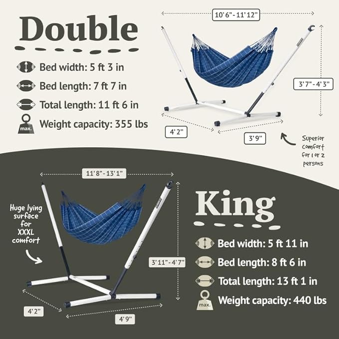 LA SIESTA® - Large Double Brisa Classic Hammock &amp Nautico Steel Stand - Weather &amp Tear Resistant Portable Hammock w/Stand - Balcony Porch Garden Outdoor Indoor Hammock - 2-Person Max 355 Lbs