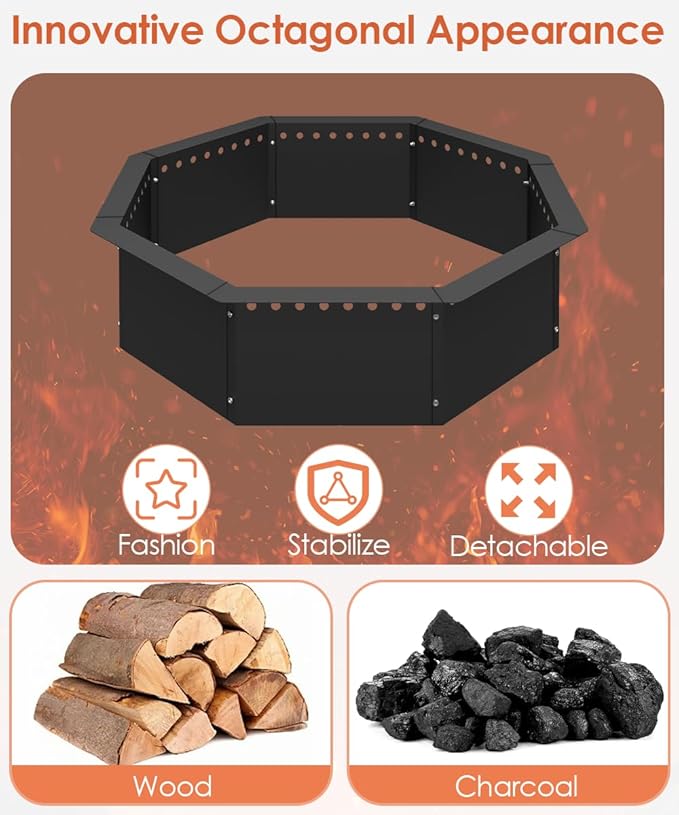 Mocomax Smokeless Fire Pit Ring 32-Inch Outer 28-Inch Inner Diameter Large Solid Steel Firepit Liner for Outside Wood Burning DIY Campfire Ring Above or In-Ground for Outdoor Octagonal