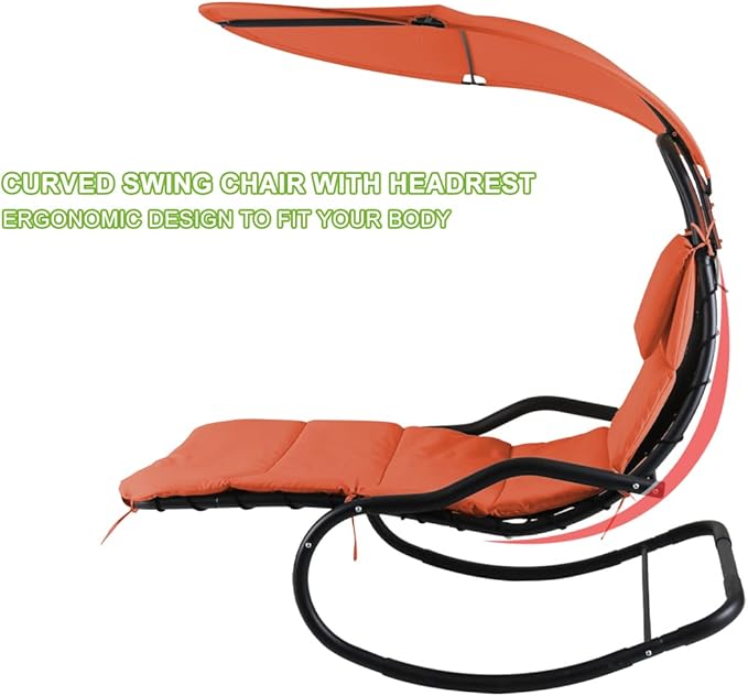 Outdoor Hammock Rocking Chaise Lounge Swing Chair with Stand and Canopy Porch Swing w/Soft Cushion Removable Headrest Outdoor Recliner Rocking Chair for Garden Backyard Poolside (Orange)