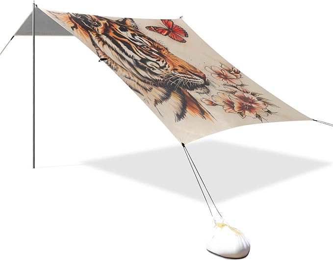 ALAZA Vintage Tiger with Butterfly Beach Tent Sun Shelter Portable Canopy Sunshade for Outdoor Camping Picnics Backyard Fun 10x9 ft
