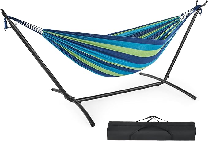 DUMOS Double Hammock with Space Saving Stand Heavy Duty Steel Frame Portable for Outside &amp Indoor Use 450lbs Capacity Easy Assembly Carrying Bag Included Blue