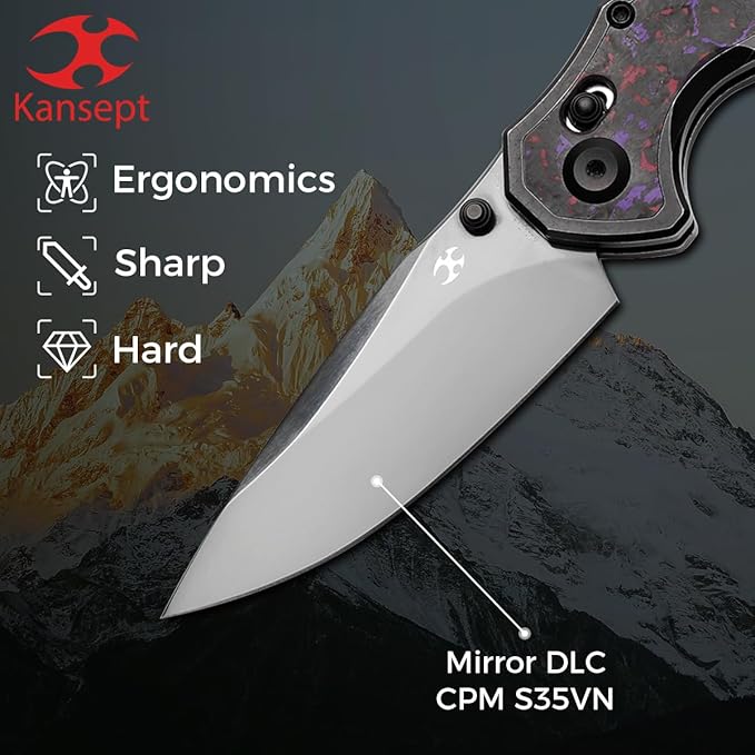 KANSEPT Apollo Pocket Knive 3.11Mirror DLC CPM S35VN Blade Blackwash Titanium inlaid Purple Haze Fatcarbon Handle with Thumb Stud Cross Bar Lock Folding for Men WomenCamping Hiking Knives K2107V4