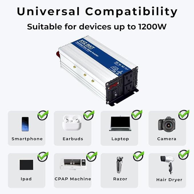 1200W Power Inverter 24V DC to 110V 120V AC Modified Sine Wave Car Power Inverter with 2 AC Outlets and LED Display for Vehicles Truck RV Home Emergency Camping Off-Grid Over 90% Efficiency