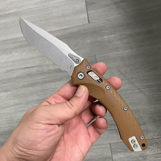 Outdoor Folding Pocket Knife with 3.9 M390 Stonewashed Blade Desert G10 Handle Crossbar-Lock Mechanism for Camping Hiking Survival EDC