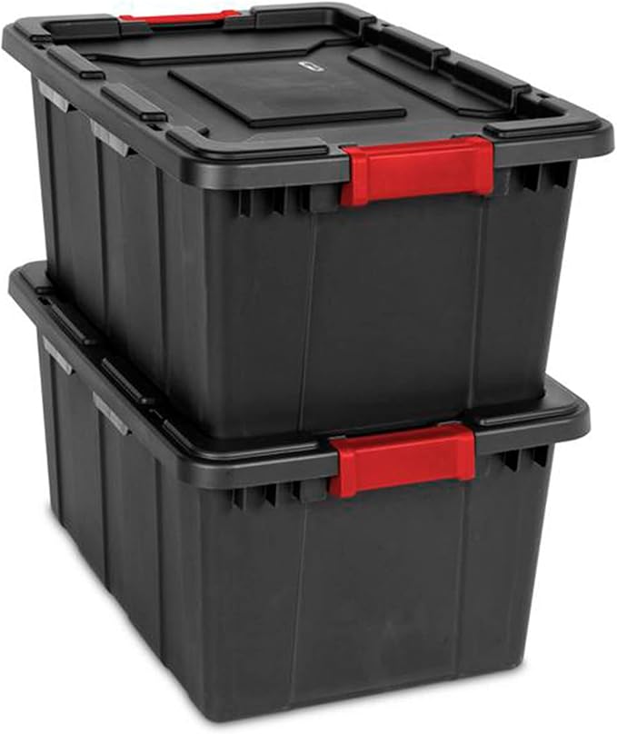 Sterilite 14669004 27 Gallon/102 Liter Industrial Tote Black Lid &amp Base w/Racer Red Latches