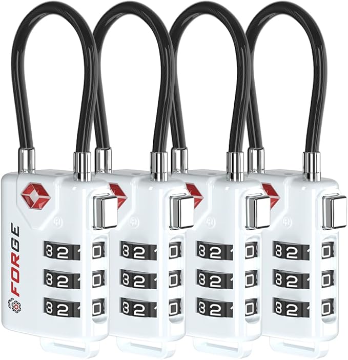 TSA Approved Cable Luggage Locks Re-settable Combination with Alloy Body (White 4 Locks)