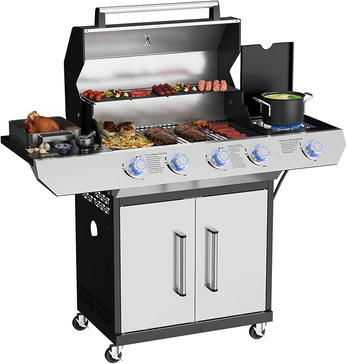 4 Led Burner Propane Gas Grill with Side Burner 60000 BTUs Output Stainless Steel Propane Grill for Outdoor Cooking and Patio Backyard Barbecue
