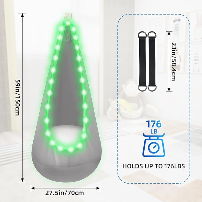 Light Up Swing Chair Hammock Chair Indoor Outdoor for Kids Pod with LED Lights Soft and Safe 176 lb. Load Capacity Easy Installation Perfect for Bedroom Garden and Playroom (Gray)