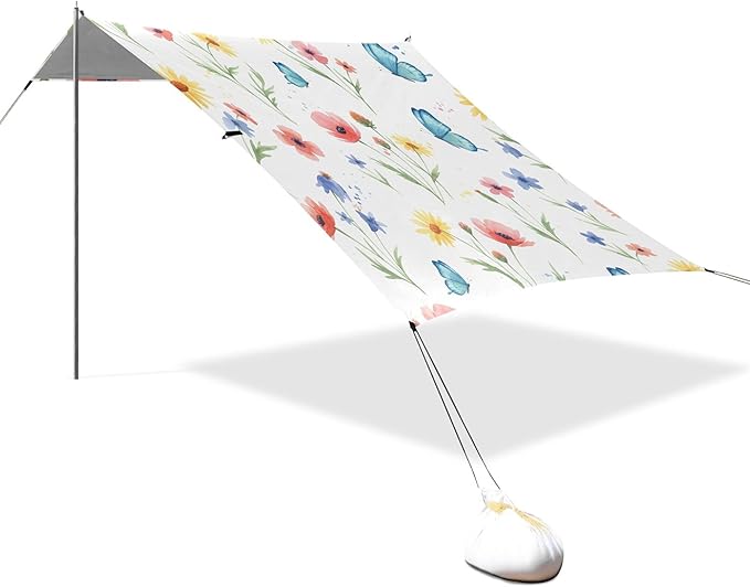 Wildflowers Beach Canopy Sun Shelter with Sandbags &amp Sand Shovel &amp Windproof Ropes - Portable 110x126 Beach Shade Beach Tent for Camping Picnics