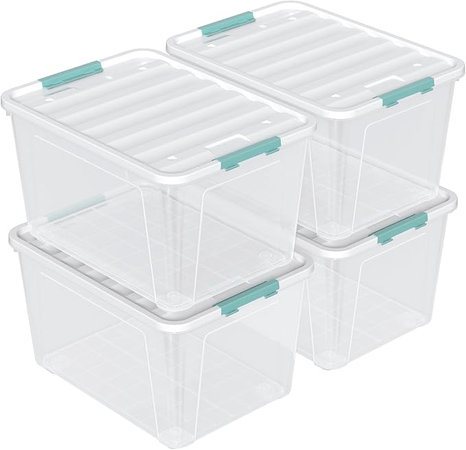 4 Pack 85 Quart Latching Storage Box Bin Large Storage Box with Wheels Clear