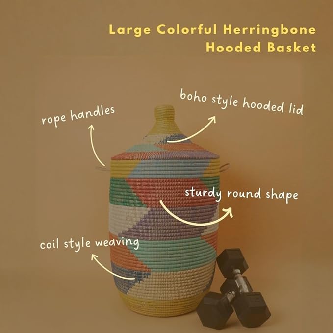 Large Basket with Lid and Handles Rainbow Colors 18 Inch Wide 30 Inch Tall