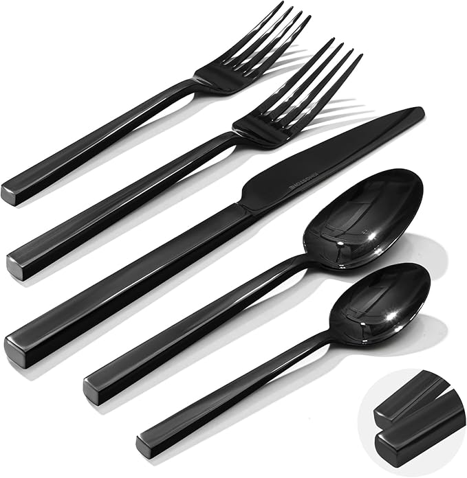 KINGSTONE Black Silverware Set 20-Piece Flatware Cutlery Set Premium Stainless Steel Service for 4 for Kitchen Home Wedding Party Mirror Polished and Dishwasher Safe
