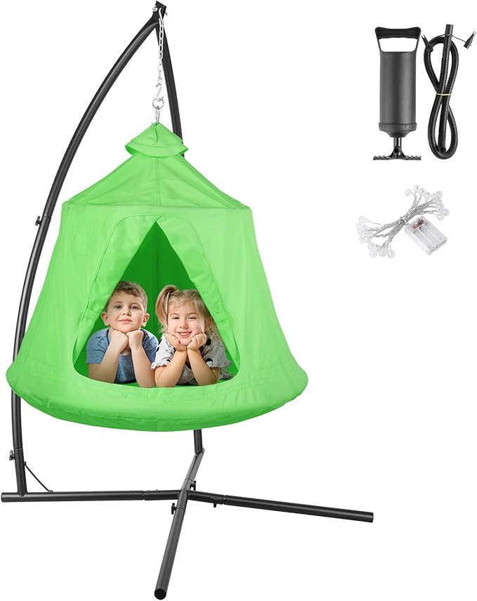 Arlopu Hanging Hammock X-Stand w/Tree Tent Indoor Metal Swing Chair Stand w/Play Tent Outdoor Egg Basket Patio Seat w/Support Stand Porch Bedroom Balcony Chair w/Adjustable Solid Stand (Green)