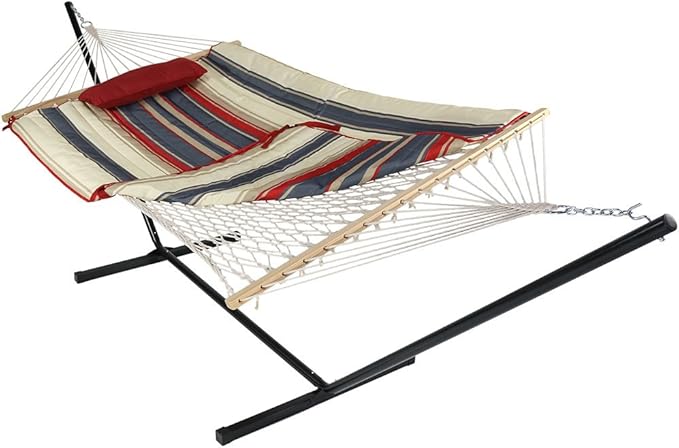 Sunnydaze Rope Hammock with Stand for Outside- 275-Pound Capacity - Includes 12-Foot Hammock Stand Spreader Bar Pad and Pillow - Modern Lines