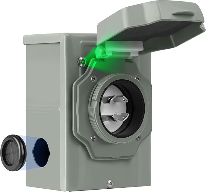 30 Amp Generator Inlet Box NEMA L14-30P Power Inlet Box for 4-Prong Generator Cord 125/250V 7500W Weatherproof Outdoor Box with Pre-Drilling Design &amp Green LED Indicator ETL Listed