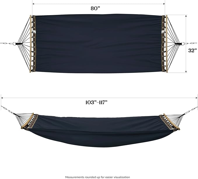 Tranquillo Double Hammock 2 Persons Cotton Canvas 600 lbs Portable Camping Hammock with Solid Curved Wood Spreader Bar Hammock for Camping Trave Outdoor Adventures Indoor Patio Garden Navy