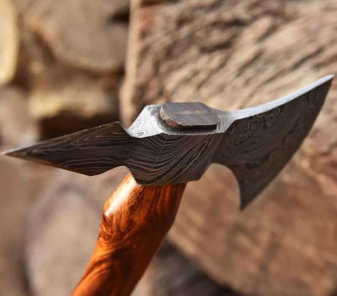 Custom Hand Forged Damascus Steel 16 Inch Long Bearded Axe Camping Axe Rose Wood Handle Viking Hatchet with Leather Sheath Best for Hunting Wood Cutting Gift for Him