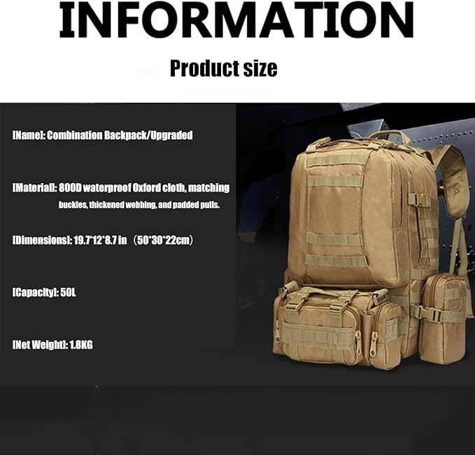 55L Tactical Backpack with Waterproof Ventilated Built Up 3 MOLLE Bags Anti Pressure Rucksacks for Travelling(Black)