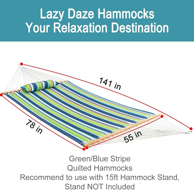 Lazy Daze 12 FT Quilted Fabric Double Hammock with Spreader Bars and Detachable Pillow 2 Person Hammock for Outdoor Patio Backyard Poolside 450 LBS Weight Capacity Green/Blue Stripe