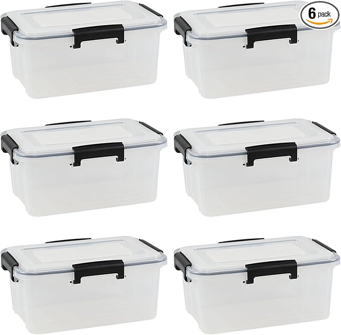 6 Pack 12 Quart Plastic Storage Bins with Gasket Seal Lids Clear Stackable Storage Container Box
