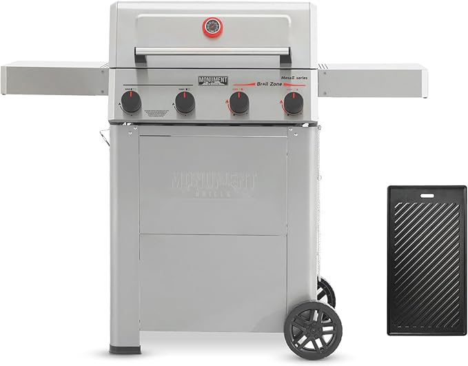 Monument Grills 4 Burner Propane Gas Grill with Broil Zone Stainless Steel Patio Mesa 2 Barbecue Grill with Cooking Plate Foldable Side Shelves Fast Heating Assembles in 30 Mins Mesa II 410FBZ