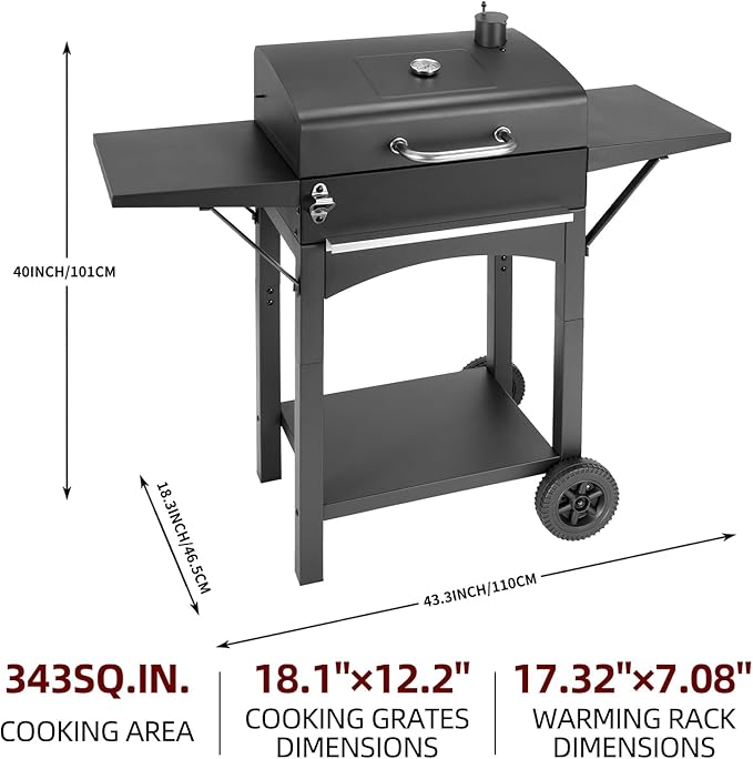 Charcoal Grills Outdoor BBQ Grill with 2 Side TableBarbecue Grill Smoker with 343 Sq.in.Cooking Area for Outdoor Cooking Backyard Camping Picnics Beach by DNKMOR