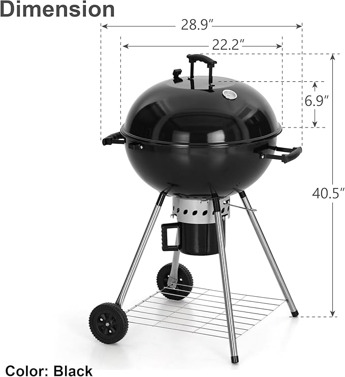 GREEN PARTY 22 inch Kettle Charcoal BBQ Grill with Wheels Portable Charcoal Grill with Porcelain-Enameled Lid &amp Ash Catcher for Outdoor Cooking Barbecue Camping Picnics Tailgating Black