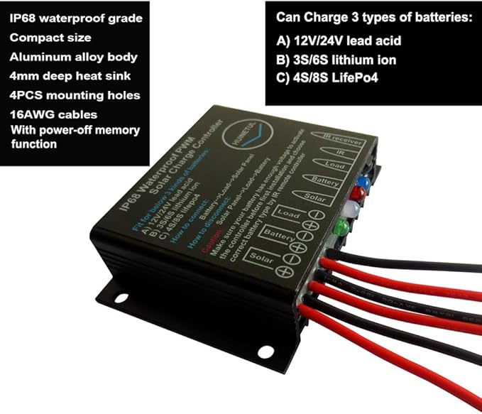 Multifunctional HUINETUL 15A Waterproof Lithium ion Lifepo4 Battery Charge Controller Regulator with IR Remote Control Fit for Lead Acid Lithium Ion Lifepo4 Battery