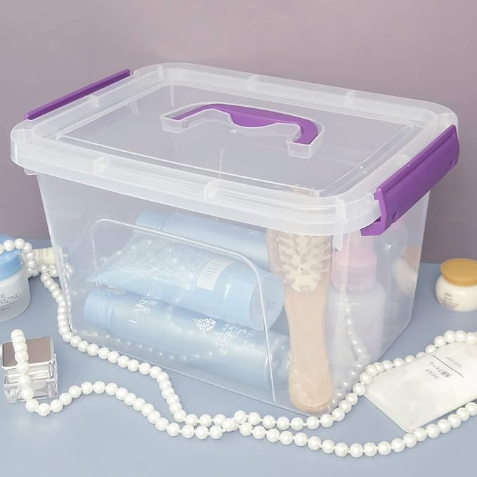 Clear Plastic Bin with Lid 6 Quart Latching Box with Purple Handle 6 Packs