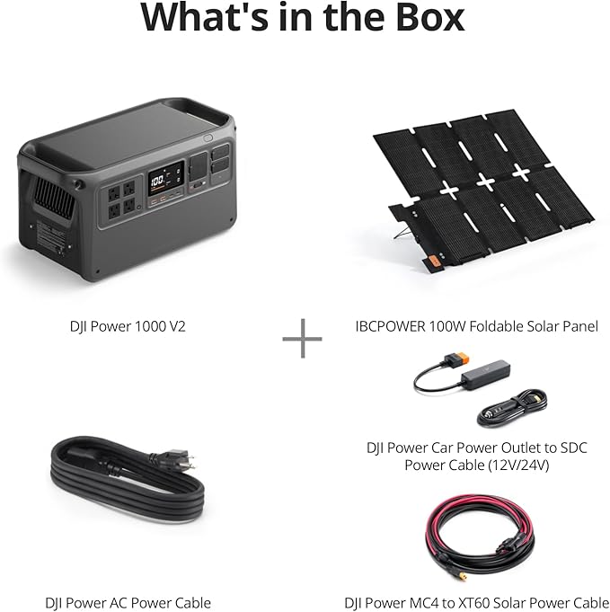 DJI Power 1000 V2 Portable Power Station Solar Generator with IBCPOWER 100W Foldable Solar Panel 1024Wh LFP Battery 2600W Output MC4 to XT60 Solar Power Cable Camping Road Trip RV