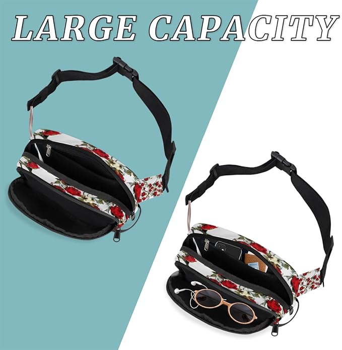 Rose Skulls Waterproof Fanny Pack for Women Men Adjustable Waist Bag with Double Zipper Pockets Lightweight Square Hip Pack for Running Travel Hiking Workout Cycling