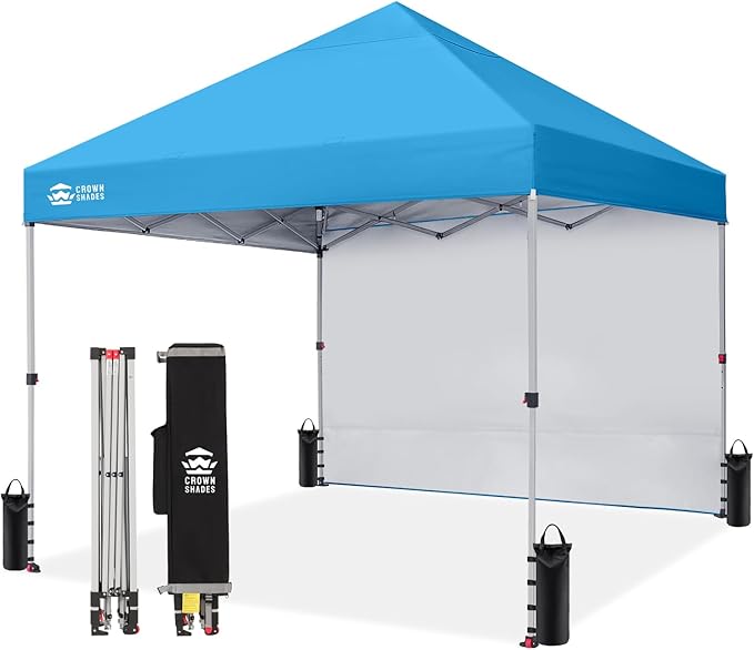 CROWN SHADES 8x8 Pop Up Canopy with 1 Side Wall - Beach Tent with One Push Setup - Outdoor Sun Shade for Events Parties Camping - Gazebo with STO-N-Go Cover Bag (Sky Blue)