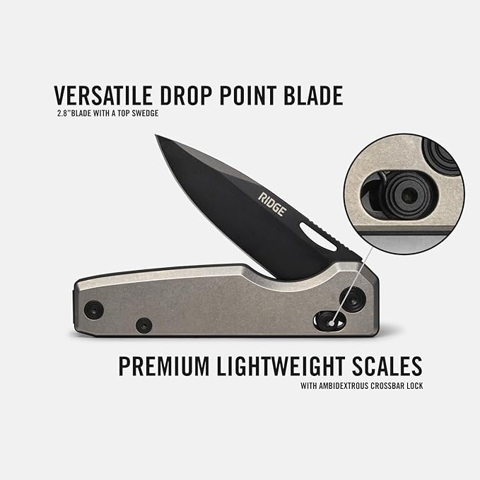 Ridge Everyday Folder Knife - Premium EDC Pocket Knife Sandvik 14C28N Steel Drop Point Blade with Black DLC Finish Ceramic Bearings Deep Carry Clip &amp Multipurpose Design (Stonewashed Titanium)