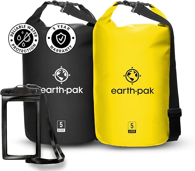 Earth Pak Waterproof Dry Bag - Roll Top Waterproof Backpack Sack Keeps Gear Dry for Kayaking Beach Rafting Boating Hiking Camping and Fishing Black 5L &amp Yellow 5L