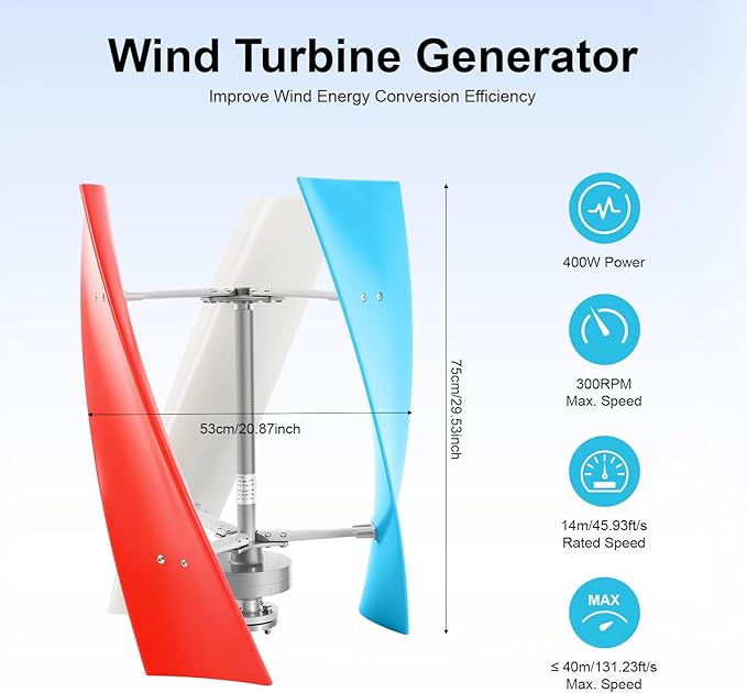 400W Wind Turbine Generator Kit 12V Vertical Helix Wind Power System with Controller 3 Blades for Marine RV Home Outdoor Energy Garden Hybrid Solar Wind System Portable for DIY Users