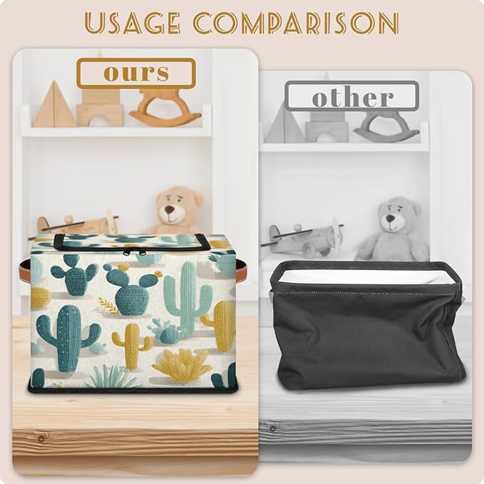 Cactus Storage Bins with Lids Desert Collapsible Cube Storage Basket with Leather Handle Foldable Storage Box with Lids for Organizing Home Closet
