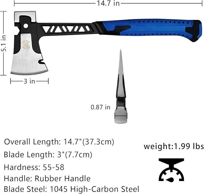 14.7 Hatchet Full Tang Forged Axe with Shock Reduction Handle and Anti-Slip Grip Camping Hatchet with Nylon Sheath