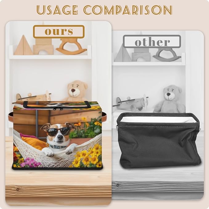 Cute Dog Storage Box with Lid Hawaiian Flower Collapsible Storage Bins Baskets Cubes Closet Shelf Clothes Organizer Containers with PU Leather Handles