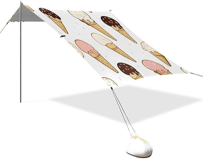 xigua Ice Cream Beach Tent Sun Shelter with Carrying Bag - Silver Coated Oxford Fabric Beach Canopy for Beach Camping Fishing - Includes Windproof Ropes Sandbags &amp Stakes