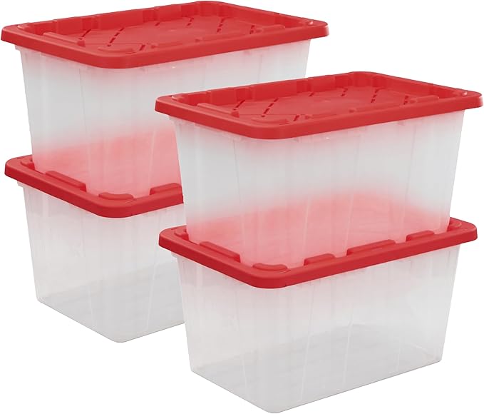 CX BLACK &amp YELLOW XTRA TALL 27-Gallon Heavy Duty Clear Storage Container &amp Snap-Tight Lid Clear &amp Red (28.5L x 19.4W x 15.2H) Weather-Resistant Stackable See-Through Organization Tote