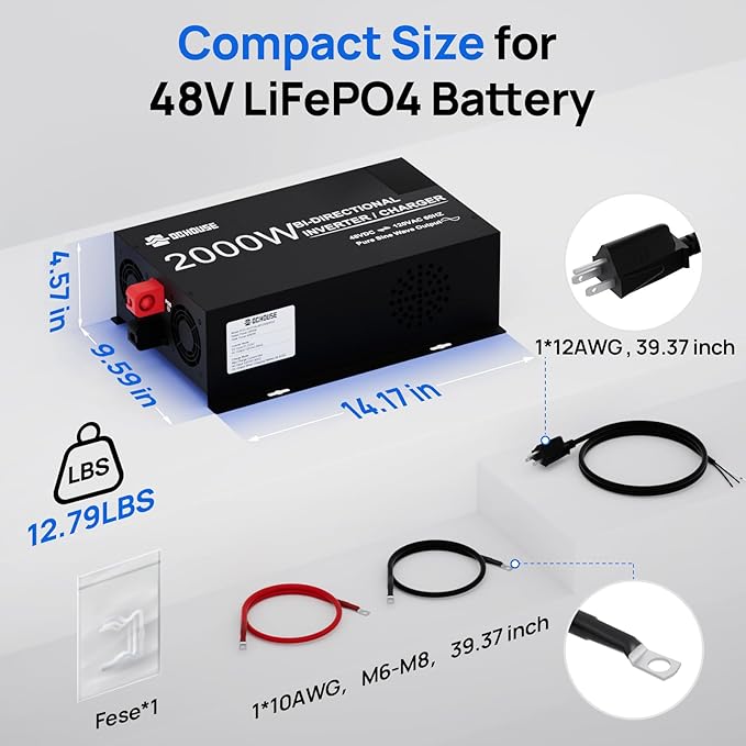 DC HOUSE 2000W Pure Sine Wave Inverter + 48V 25A Lithium Battery Charger 3 AC Outlets 48V DC to 120V AC Power Supply for Off-Grid Power Home Backup Outdoor Power Stations Golf Carts Batteries