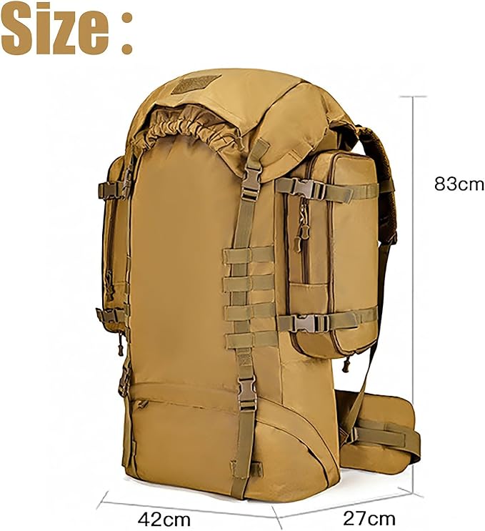 100L Tactical Backpack Side Storage Molle Bag Thick Breathable Belt Nylon Hanging Strap Durable Large Capacity Waterproof(Khaki)