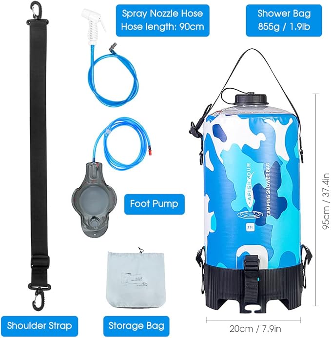 12L Portable Camping Shower Bag with Foot Pump and Shower Head Hose for Camping Hiking Backpacking