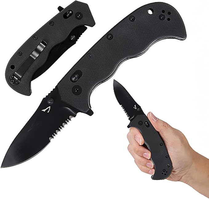 Serrated Pocket Knife 3 Sharp D2 Blade Big Pocket Knife 7.5 Total Length Textured G10 scale Crossbar Lock Reversible Clip Ball Bearing Pivot Ideal for Hunting Camping Pocket Knife EDC Ser
